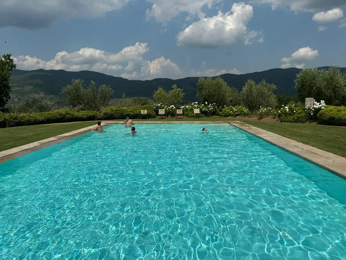 People swimming in a large outdoor pool with mountains in the background.